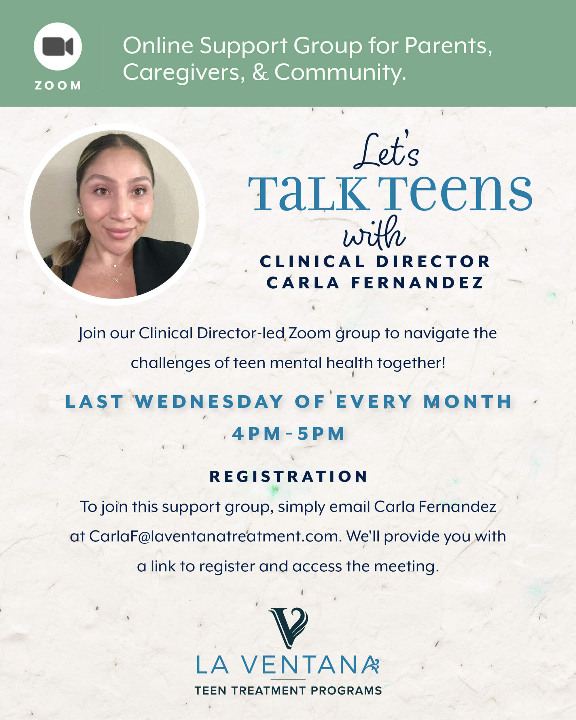 Let's Talk Teens with Clinical Director, Carla Fernandez Event Flyer